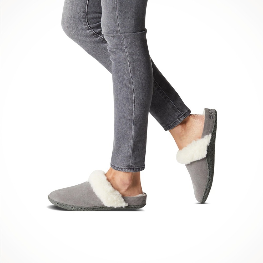Sorel Nakiska Slide II Grey Suede Faux Fur Slippers Womens 11 NL3655-053 NIB